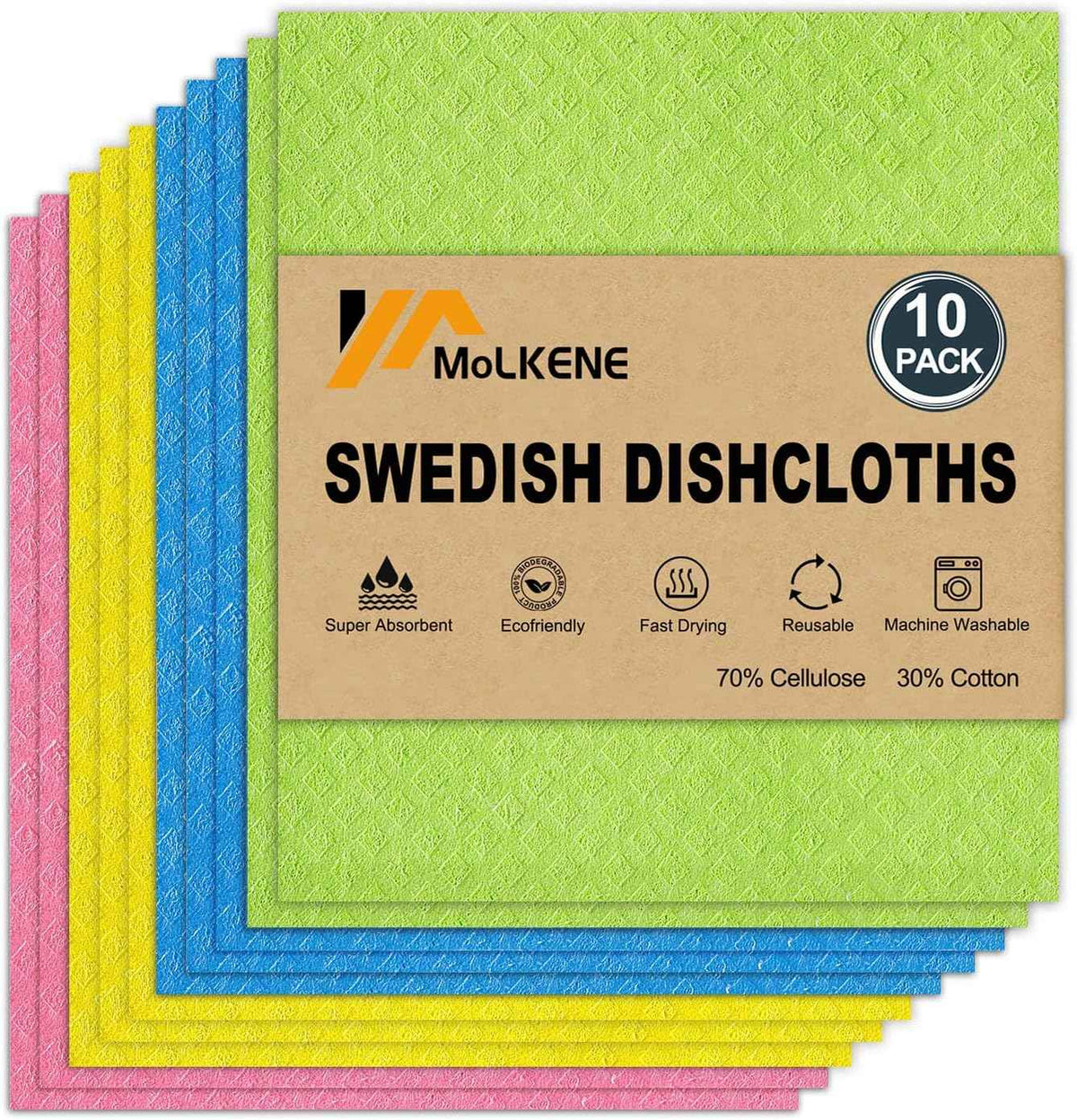 Swedish Dish Cloths - 10 Pack Reusable Kitchen Dishcloths - Ultra Absorbent Dish Towels for Washing Dishes - Cellulose Sponge Cloth Cleaning Rag - Assorted