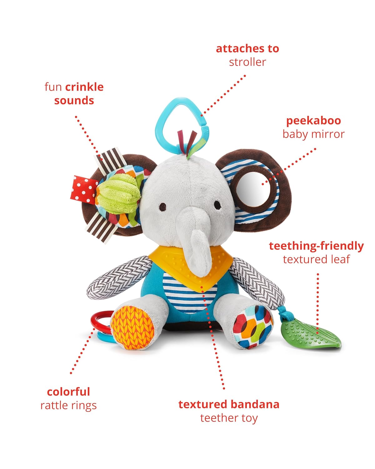 Skip Hop Bandana Buddies Baby Activity and Teething Toy with Multi-Sensory Rattle and Textures, Elephant