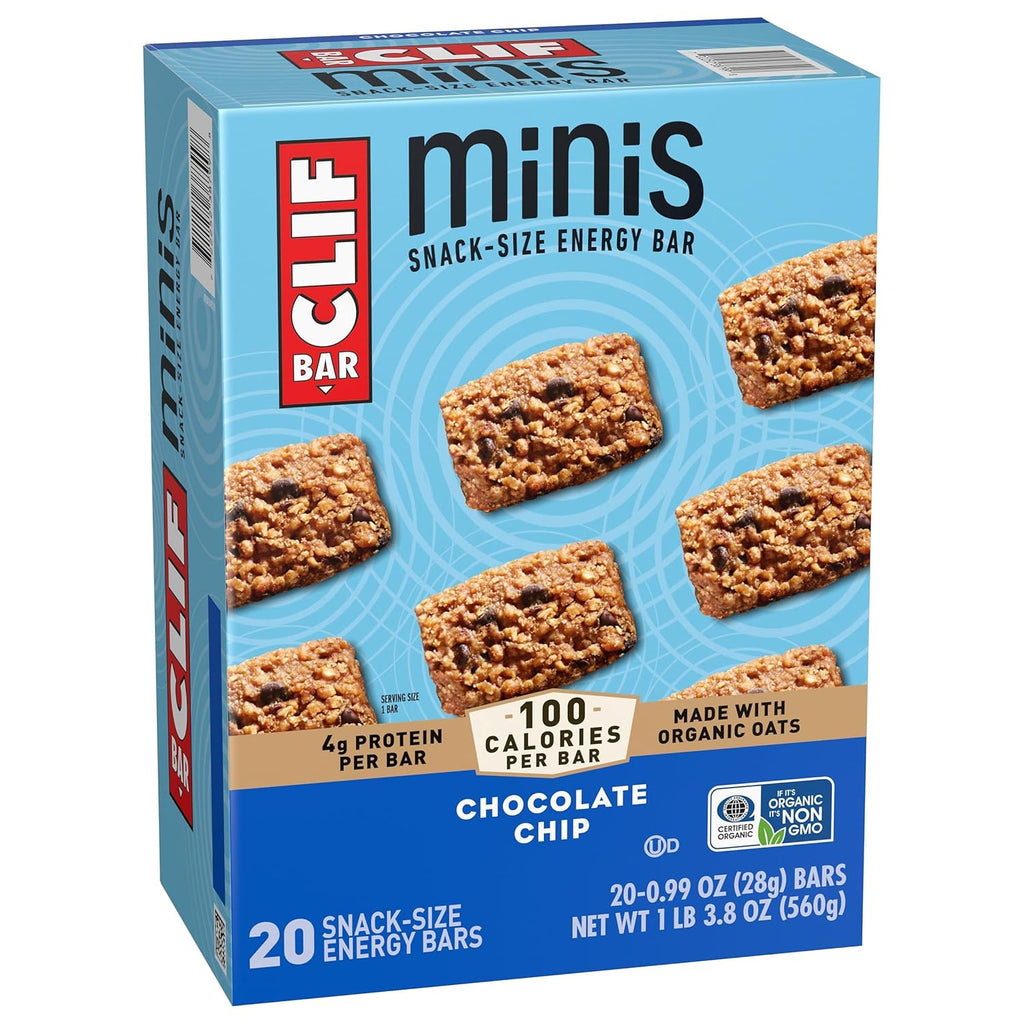 clif bar minis chocolate chip organic oats 4g protein non-gmo plant based snack size energy bars 20 pack