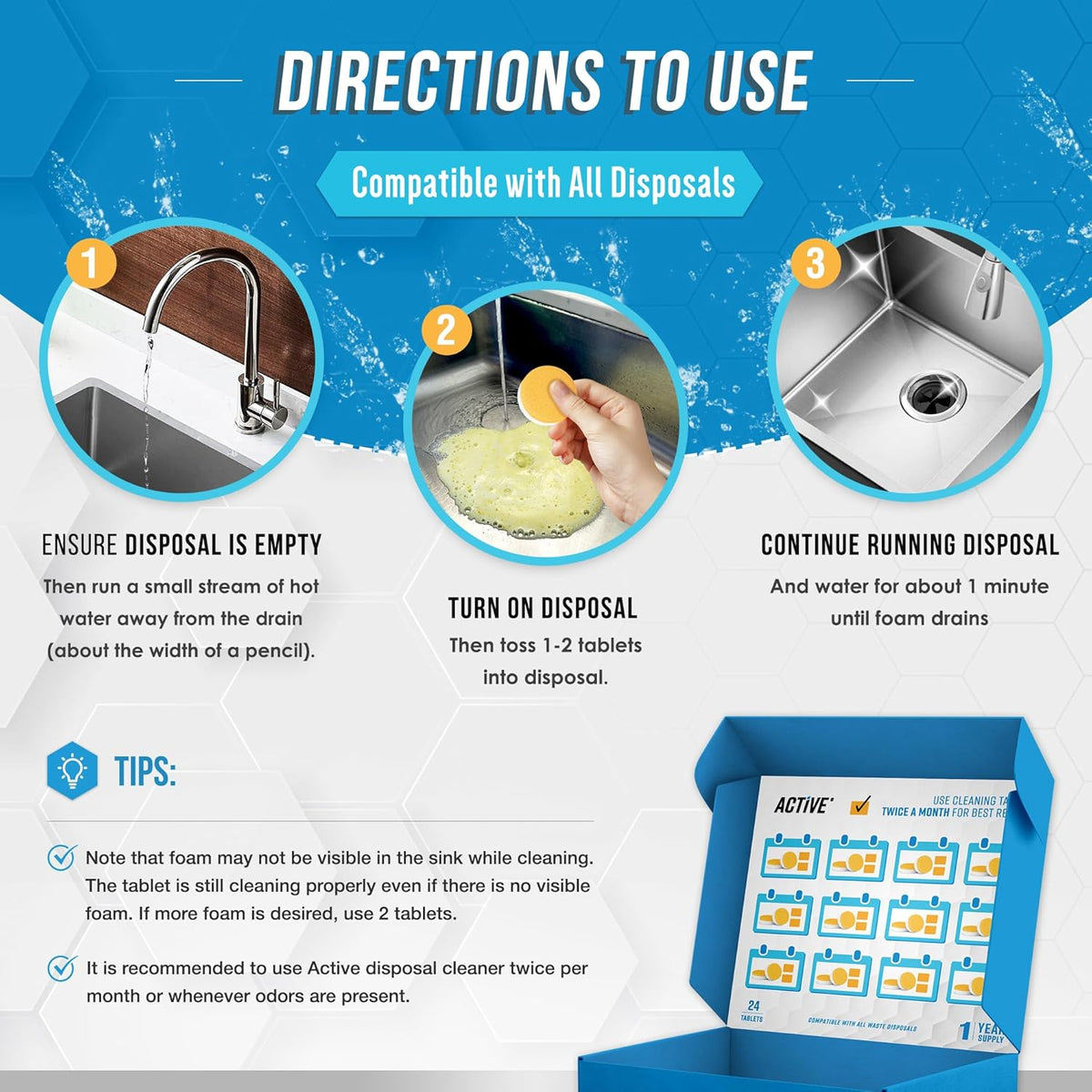 Garbage Disposal Cleaner Deodorizer Tablets - 24 Pack, New Powerful XL Foaming Tablet - Fresh Citrus Foam Sink Garburator Disposer Freshener, Natural Kitchen Drain Cleaning Care - 1 Year Supply - Rayz Mart