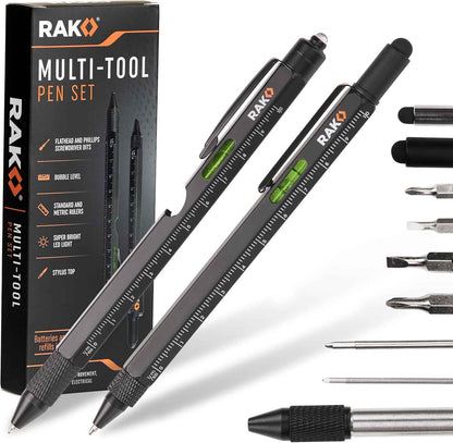 RAK Multitool Pen - Multi-Tool Pens, LED Light, Flathead, Phillips Screwdrivers, Level, Ruler, Bottle Opener, and Stylus. Cool Gadgets Gifts for Men, Dad, EDC Pen Tool, Gift-Ready Box, Pack of 2