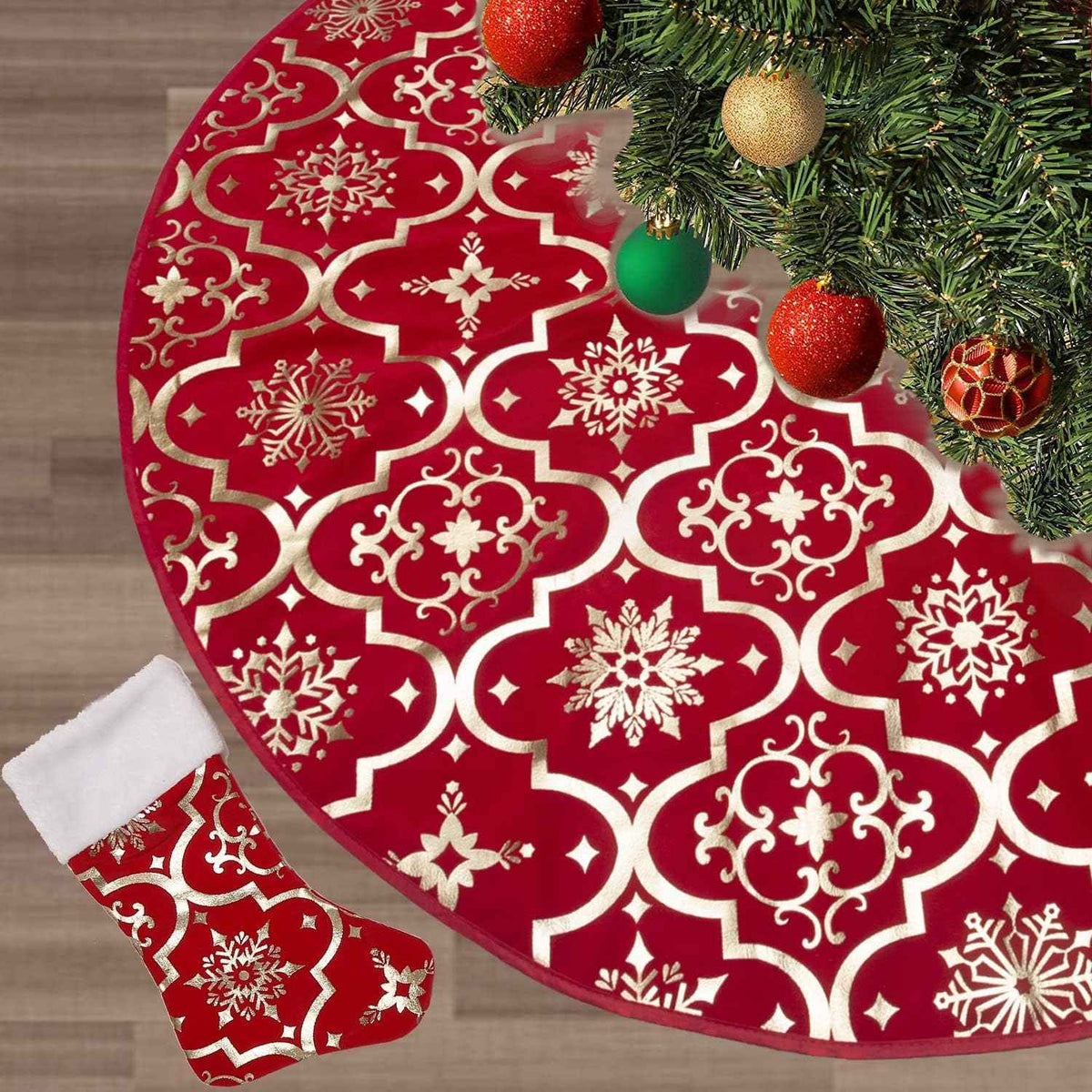 Flash World 48 Inch Large Christmas Tree Skirt Xmas Soft Cover Mat Decor Snowflake Collar Farmhouse Tree Skirt for Holiday Ornaments Party Home Indoor Decorations (Red, 48INCH)
