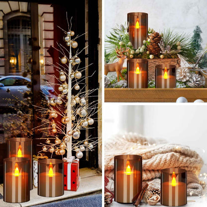 Flameless Candles 4" 5" 6" Set of 3 Acrylic Glass Pillars 3" Diameter Battery Operated Flickering Candles Include 10-Key Remote with Timer Function 400+ Hours (Gray, Warm Light 3 Pack)