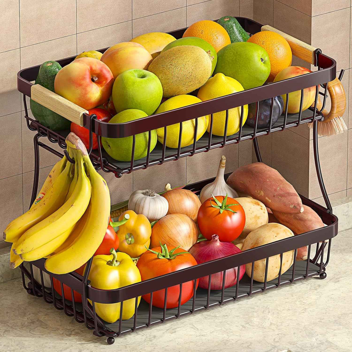 2 Tier Fruit Basket for Kitchen Counter with 2 Mobile Banana Hangers, 2025 Pro Detachable Metal Fruit Bowl with Wooden Handle, Fruit Holder for Bread Snack Veggies with Protective Mats