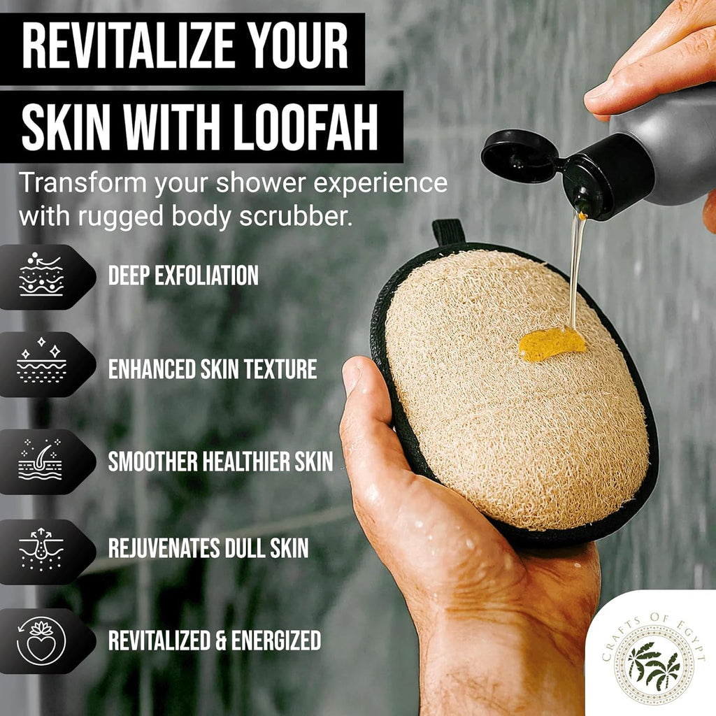 Natural loofah body scrubbers for men, black and white 2PCS Egyptian luffa sponge exfoliator set, durable men's hygiene pad