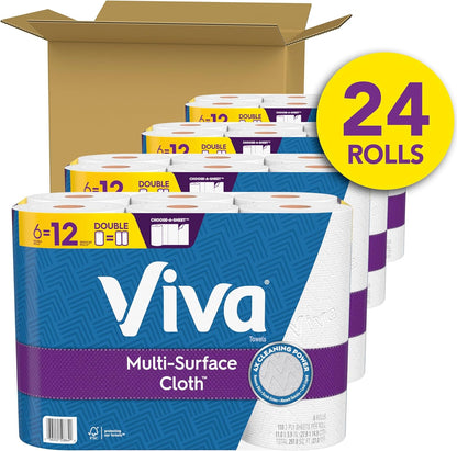 Viva Multi-Surface Cloth Paper Towels, 24 Double Rolls, Soft and Absorbent, 110 Sheets Per Roll, 4 Packs of 6