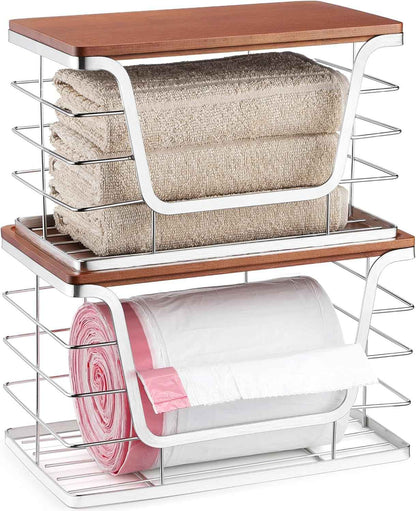 ALOCEO 2 Pack Storage Stackable Kitchen Laundry Organizers with Bamboo Top, Large Trash Bag Holder and Small Garbage Bag Dispenser for Countertop Organization