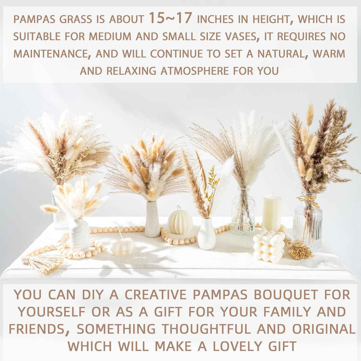 70PCS Natural Dried Pampas Grass Boho Home Decor Bouquet Phragmites Dried Flowers Bouquet for Wedding Floral Arrangements Home Decorations (70PCS)