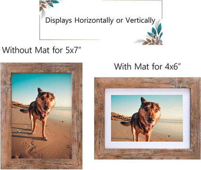 Califortree 5x7 Picture Frame - Can Display Photo 4x6 with Mat, Wood Frame with Shatterproof Plexiglass, Horizontal and Vertical Display for Wall and Tabletop, Rustic Brown