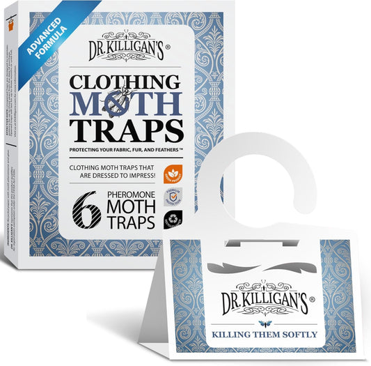 Dr. Killigan's Premium Double Potent Clothing Moth Traps with Pheromones Prime | Organic Clothes Moths Trap with Lure for Closets & Carpet | Case Making Moth Treatment & Prevention (6 Pack, White)