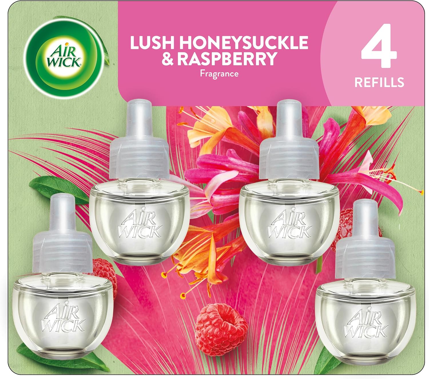 Air Wick plug in scented oil refill, honeysuckle & raspberry, 4 count, essential oils