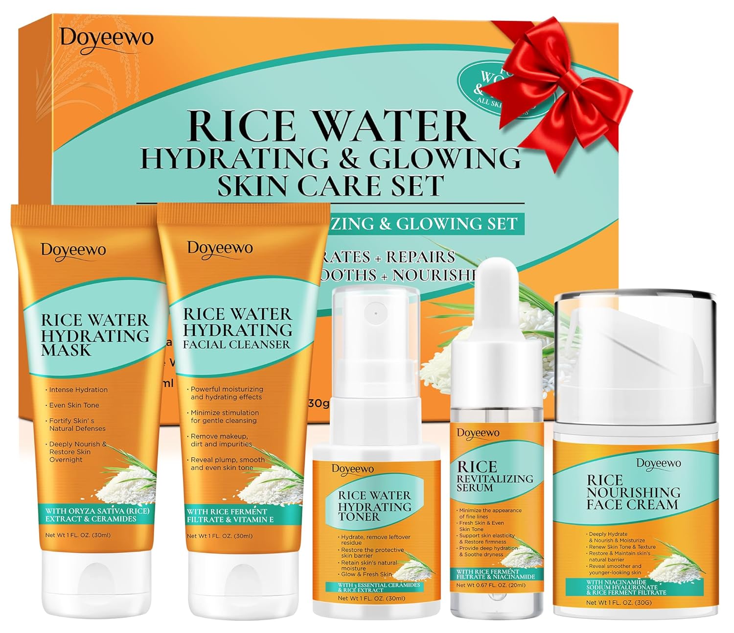 Doyeewo 6-piece women's glass skincare set with Korean rice extract, hydrate glow repair anti-aging facial routine kit for normal, dry, oily, combination skin types