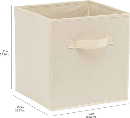 Amazon Basics Collapsible Fabric Storage Cubes Organizer with Handles, Sturdy, Beige, 10.5-x-10.5-x-11-inch, Pack of 6