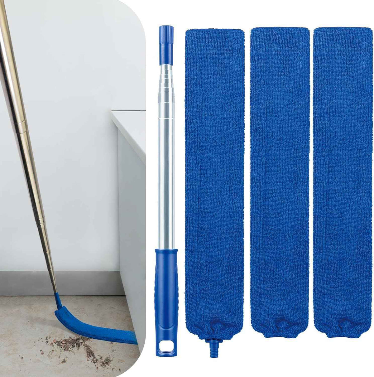Retractable Gap Dust Cleaner with Extension Pole, Cleaning Tools with 3 Microfiber Dusting Cloths, Extendable Long Handle Duster for Cleaning Under Refrigerator Furniture Appliance