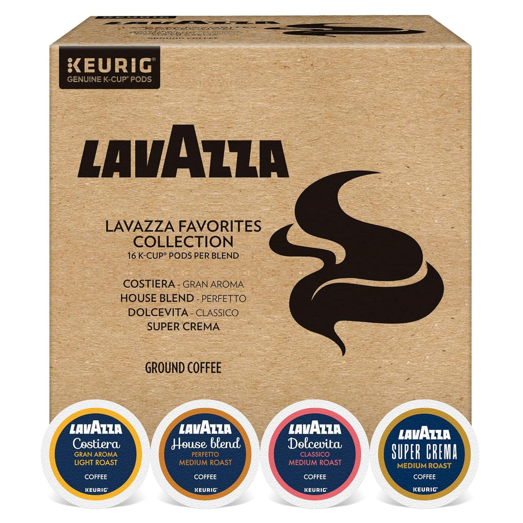 lavazza favorites collection variety pack, keurig k-cup pods, light and medium roast coffees, 64-count box