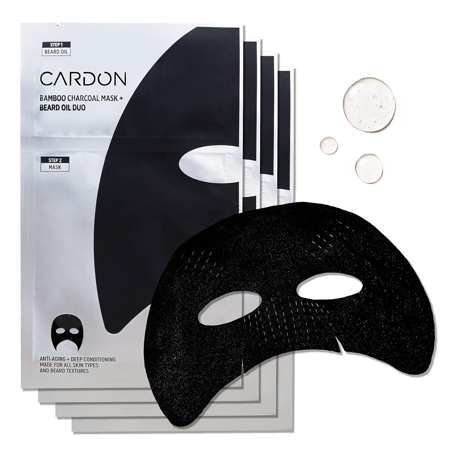 cardon korean charcoal beard care sheet masks with premium oil - 4 pack for hydration and anti-aging