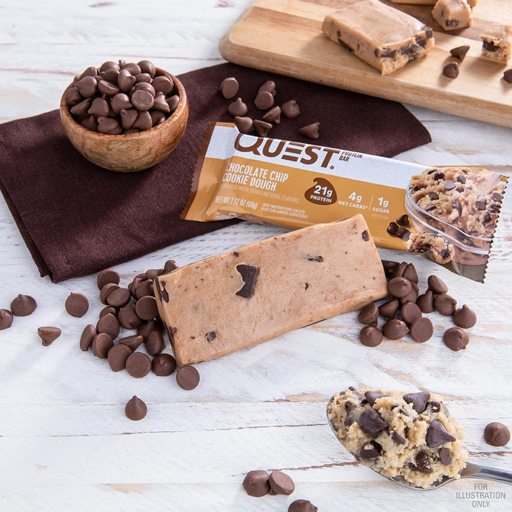 quest nutrition chocolate chip cookie dough protein bars 21g protein 1g sugar 4g net carb gluten free 12 count