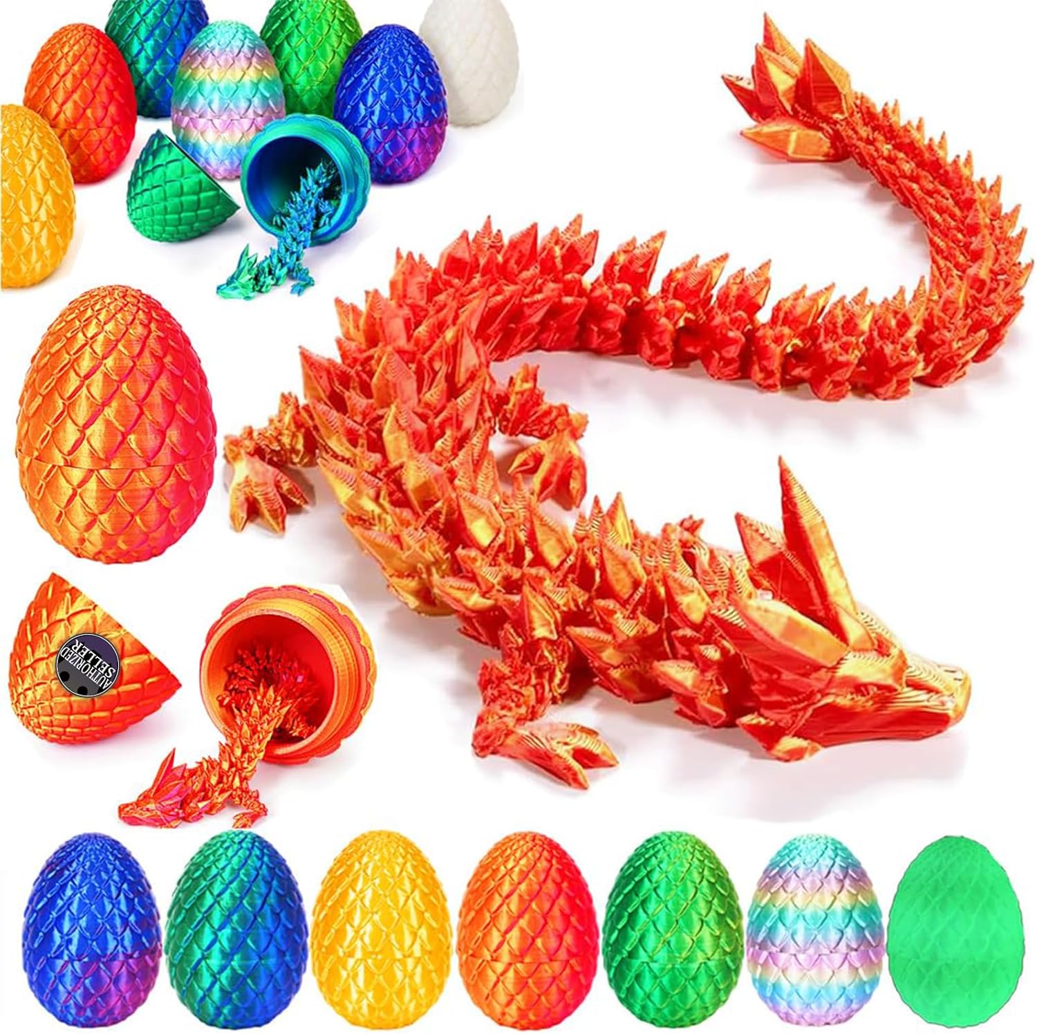 12 inch 3d printed dragon easter egg with fall protection and reinforced joints, eco-friendly fidget toy in rainbow color
