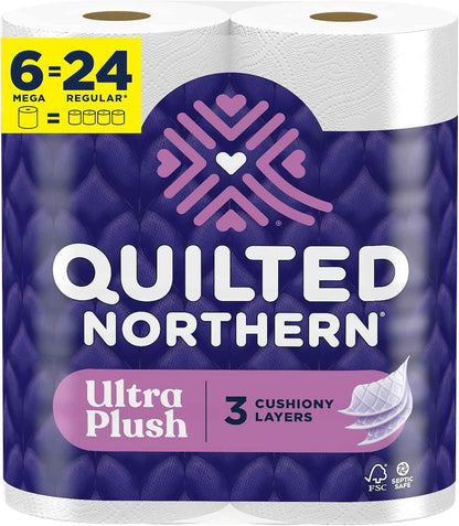 Quilted Northern Ultra Plush 3X Thicker 3X Absorbent 3 Ply Soft Toilet Tissue, 6 Mega Rolls, 24 Regular Rolls