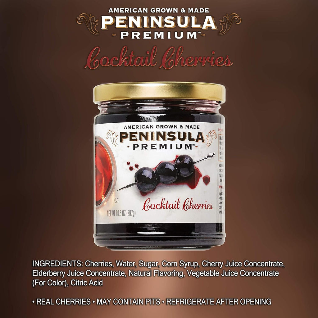 peninsula premium cocktail cherries deep burgundy-red silky smooth rich syrup gourmet american grown made 10.5 ounce