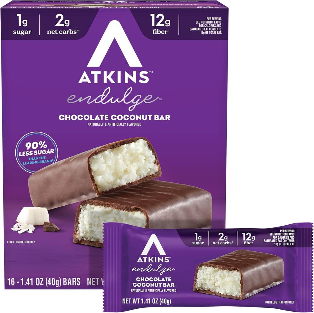 atkins endulge chocolate coconut flavored snack bar 16 count keto friendly low sugar