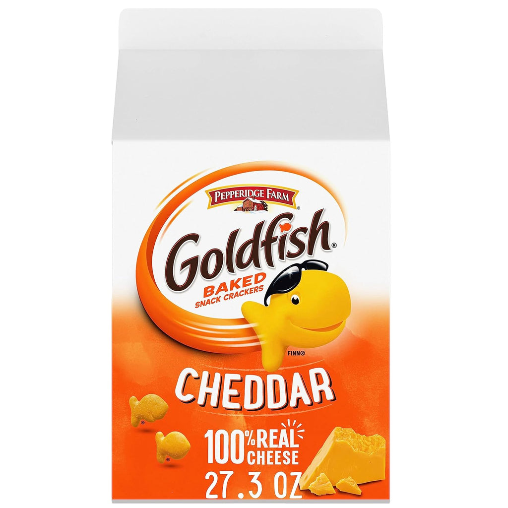 Goldfish cheddar cheese crackers, 27.3 oz carton, 100% real cheese, plant-based colors, 55 pieces per serving