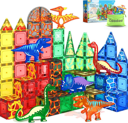 102PCS Dinosaur Toys Magnetic Tiles with 8 Dinosaurs - Jurassic Scenes Dinosaur World Adventure Set, Magnetic Blocks Kids Toys for Boys & Girls Ages 3+, Sensory Toddler Creative Kids Games Gifts