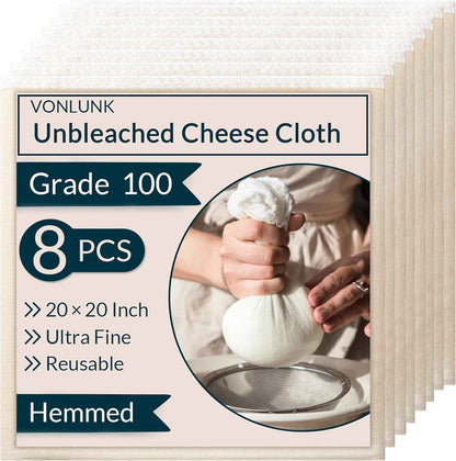 6-Pack Cheesecloth, 20x20 Inch Hemmed Cheese Cloth for Straining, Reusable Unbleached Cotton Strainer for Cooking, Baking, Juicing, and Cheese Making (Grade 100)