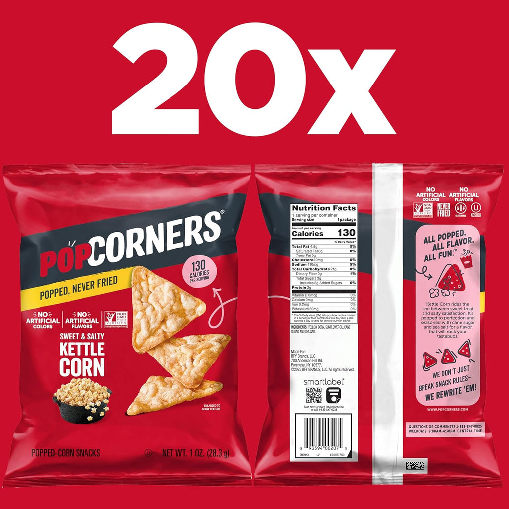 popcorners popped corn snacks sweet & salty kettle corn 1 ounce pack of 20