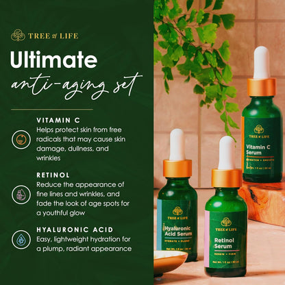 Tree of Life Beauty Facial Skin Care Set, 3 count, 1 fl oz each, Vitamin C, Retinol, Hyaluronic Acid, for dry and sensitive skin