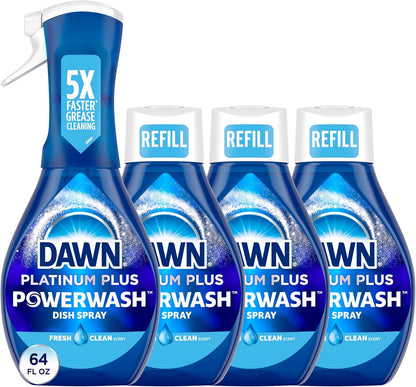 Dawn Platinum Powerwash Dish Spray, Dish Soap Liquid, Fresh Scent Bundle, 1 Spray (16oz) + 3 Refills (16oz each)(Pack of 4)