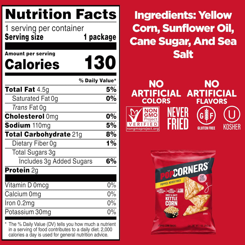 popcorners popped corn snacks sweet & salty kettle corn 1 ounce pack of 20