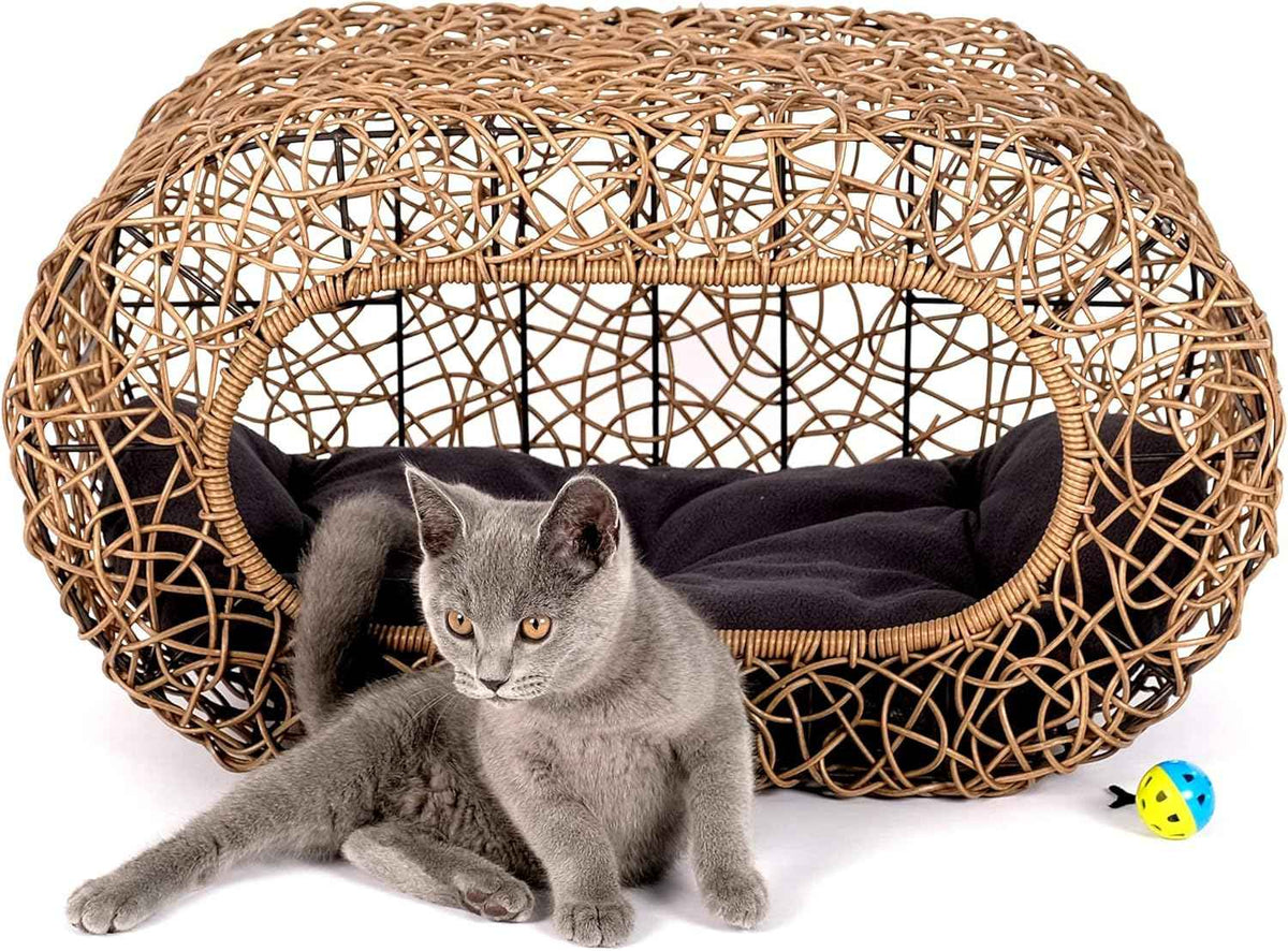 Fun Stackable Cat Condo for Indoor Cats - Interactive Play Faux Rattan Cat House for Indoor Cats Kitty, Pet Friendly Top/Side House Entry, Cat Bed Enclosed