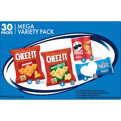 Kellogg's Cheez-It, Pringles & Rice Krispies Treats Snacks Mega Variety Pack, 30.1oz Box, 30 Count, Assorted Flavors