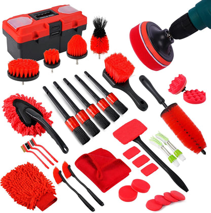 35Pcs Car Detailing Kit, Car Cleaning Kit with Windshield Cleaning Tool and Tool Box, Interior & Exterior Auto Care Supplies and Brushes (B：35PCS-R)