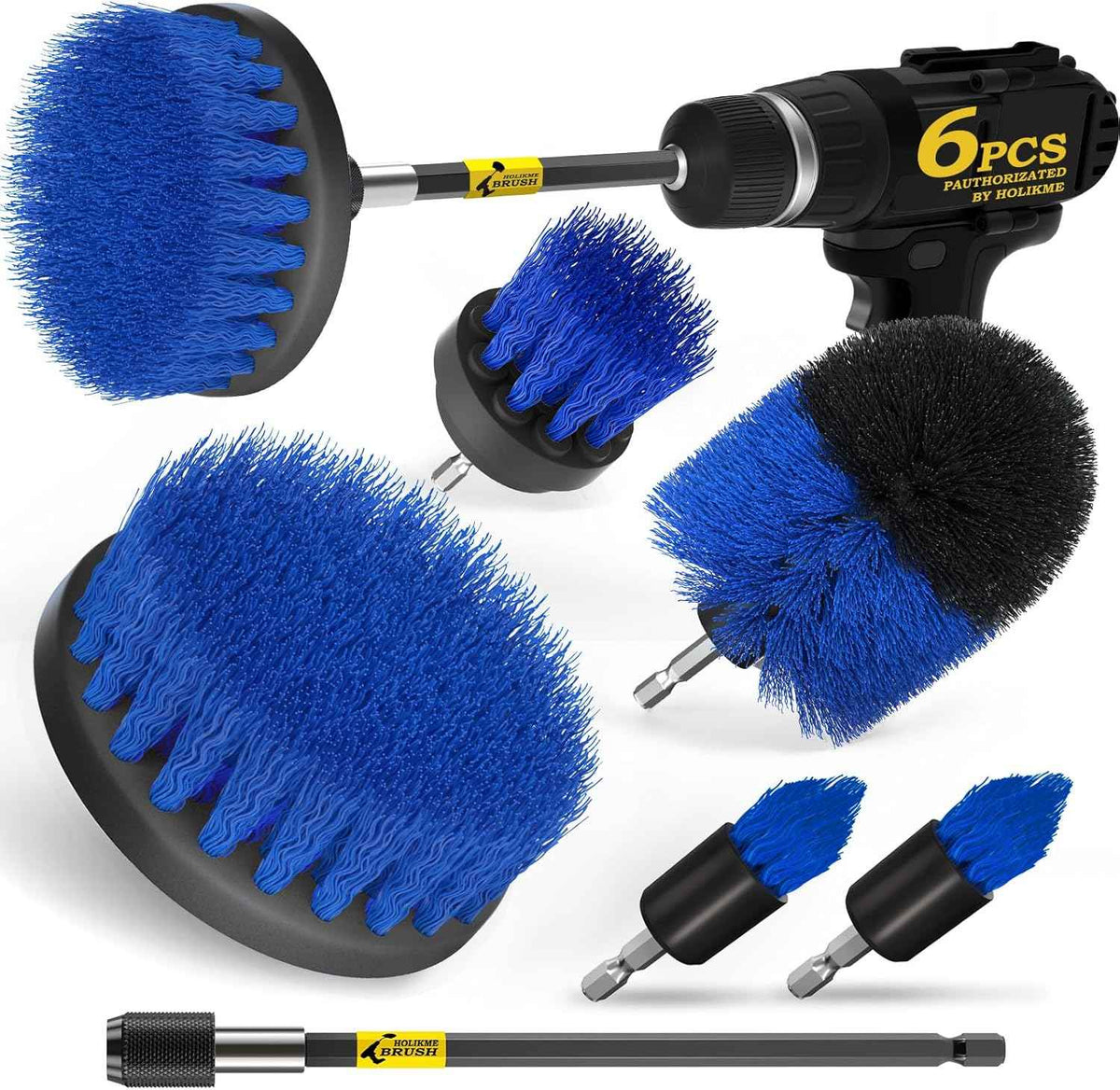 Holikme 6Pack Drill Brush Power Scrubber Cleaning Brush Extended Long Attachment Set All Purpose Drill Scrub Brushes Kit for Grout, Floor, Tub, Bathroom and Kitchen Surface,Scratch Brushes（Yellow）