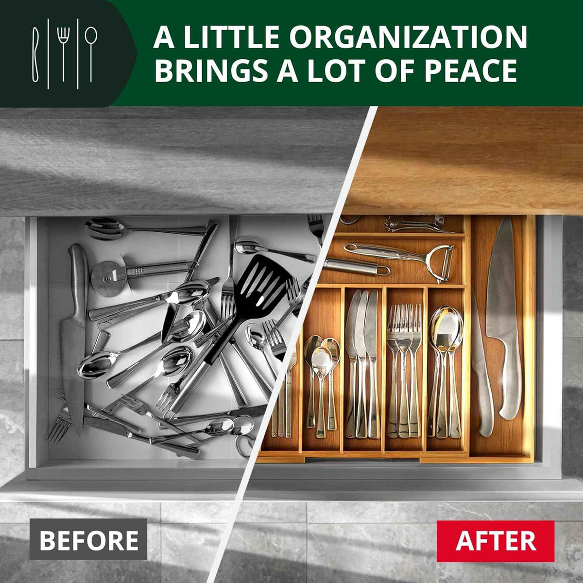 ROYAL CRAFT WOOD Luxury Bamboo Kitchen Drawer Organizer - Silverware Organizer, Utensil Holder & Cutlery Tray Drawer Dividers for Flatware (9 Slot, Natural)