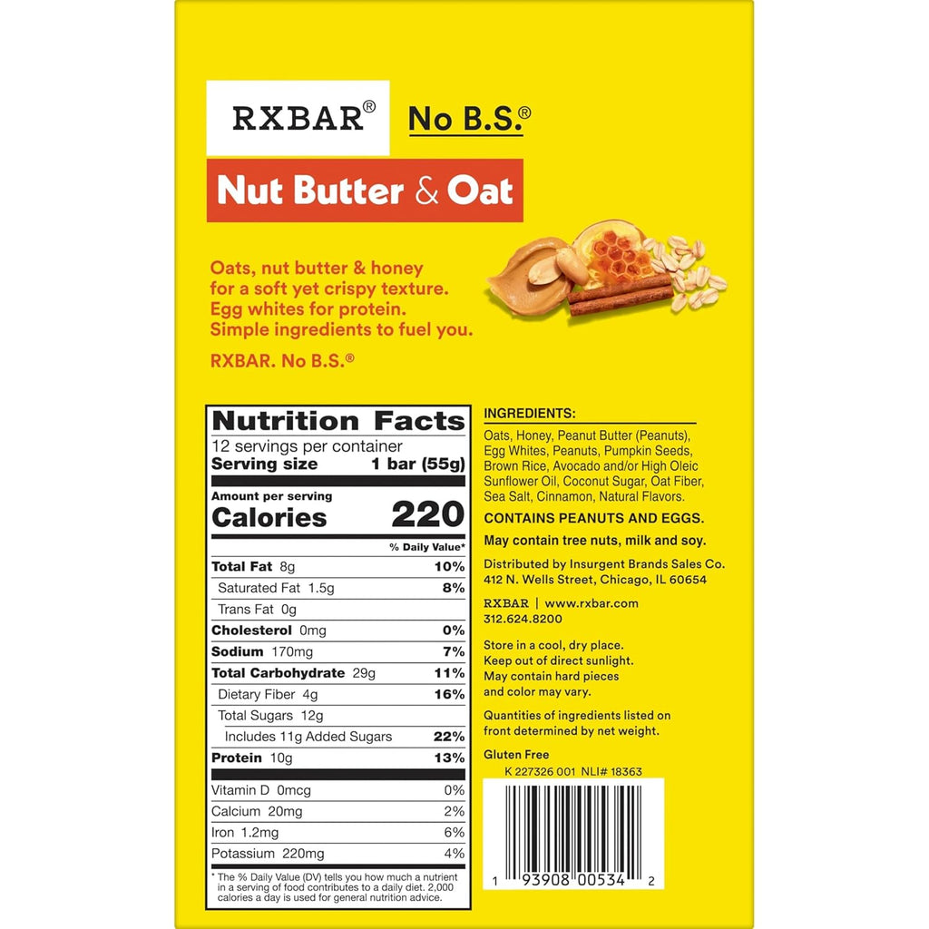 rxbar nut butter and oat honey cinnamon peanut butter protein snack bars 12 count 23.2oz box
