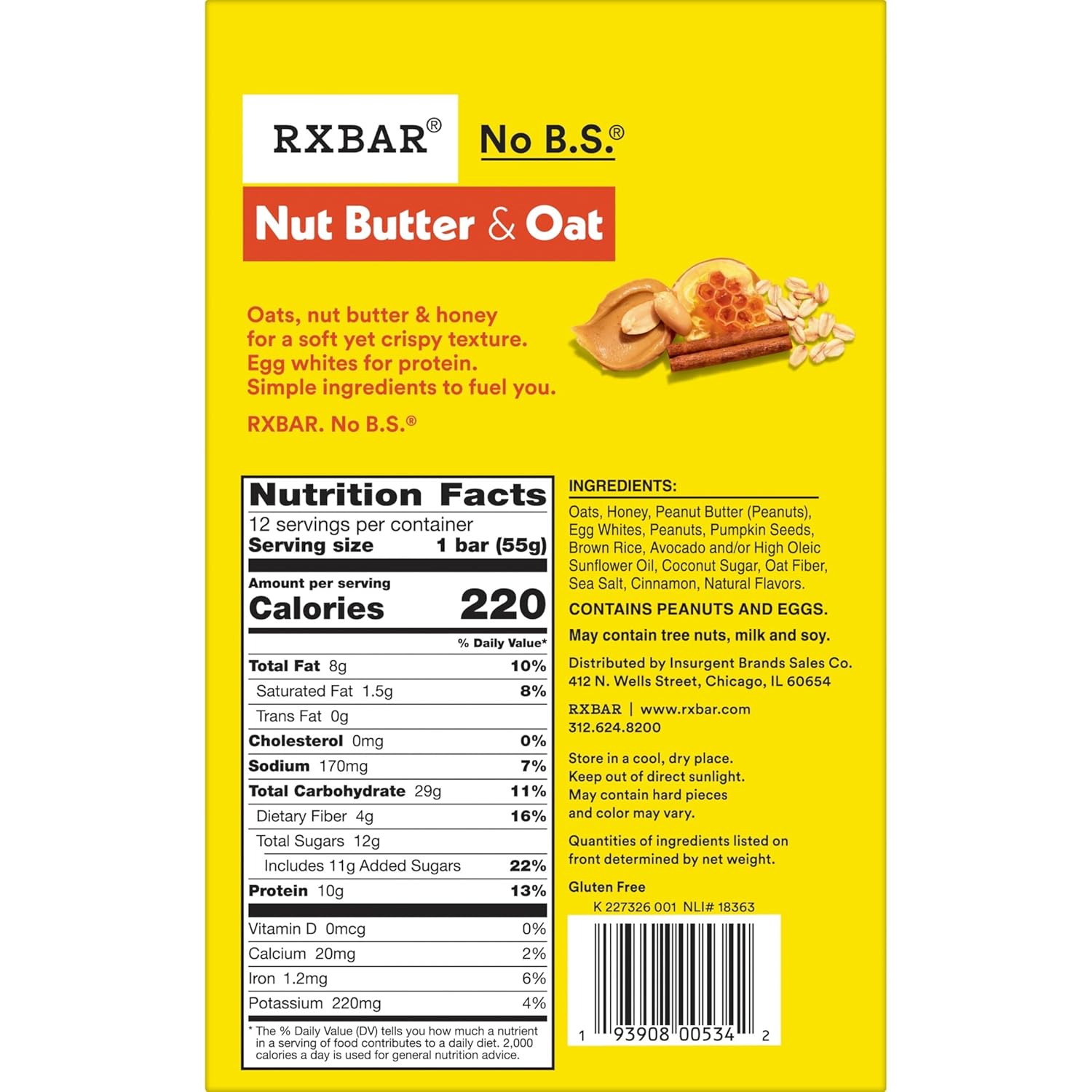 rxbar nut butter and oat honey cinnamon peanut butter protein snack bars 12 count 23.2oz box