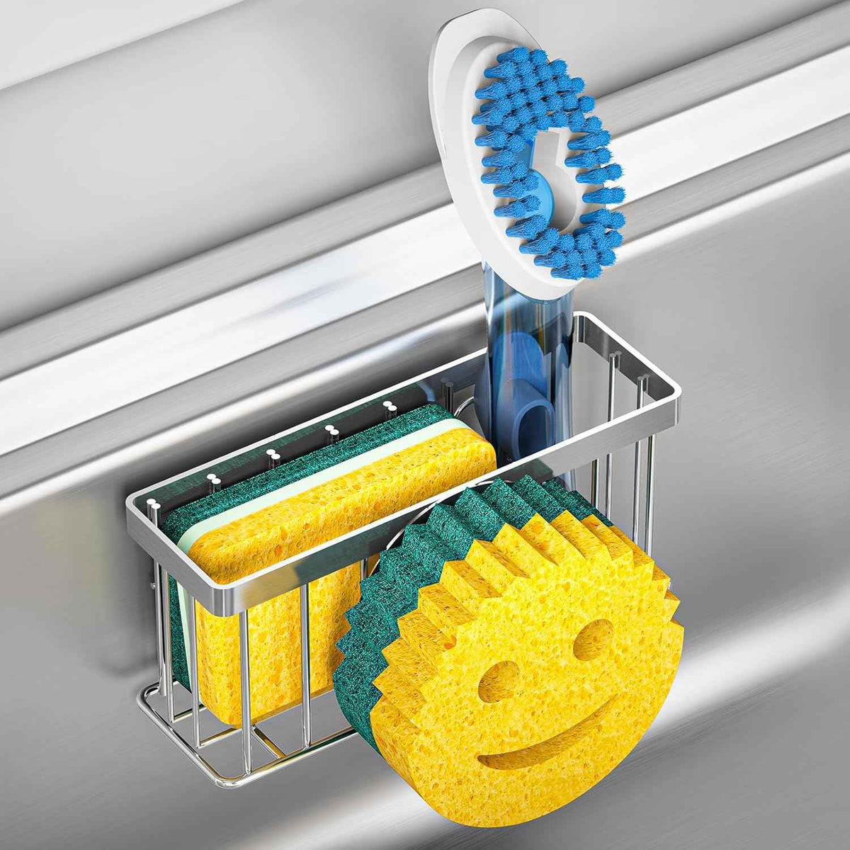 Sponge Holder Smiley Face,Sink Caddy,Sink Organizer with 2 Suction Cups/1 Adhesive Strips,Designed for Sponge,Soap,Dish Brush,Scrubber - Black