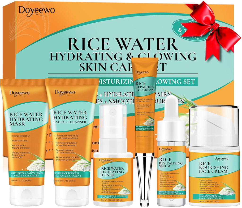 Doyeewo 6-piece women's glass skincare set with Korean rice extract, hydrate glow repair anti-aging facial routine kit for normal, dry, oily, combination skin types
