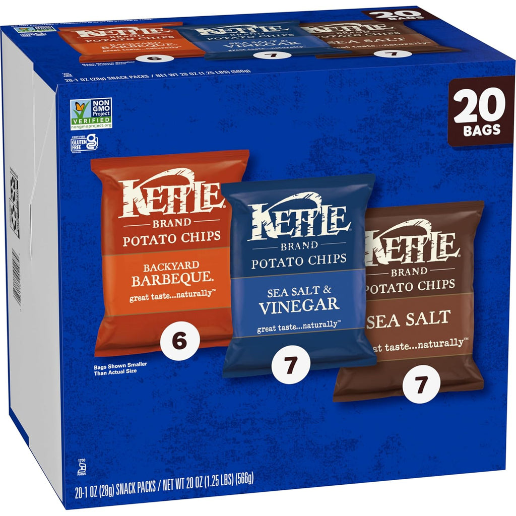 Kettle Brand 1 Oz, 20 Ct Potato Chips Variety Pack with Sea Salt, Vinegar, and BBQ