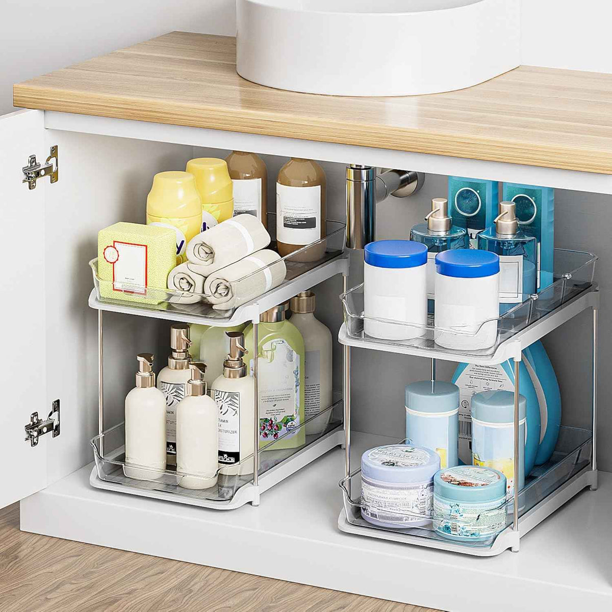 Delamu 2-Tier Multi-Purpose Bathroom Under Sink Organizers and Storage, Stackable Kitchen Pantry Organization, Pull Out Medicine Cabinet Organizer with Movable Dividers, White, 2 Pack