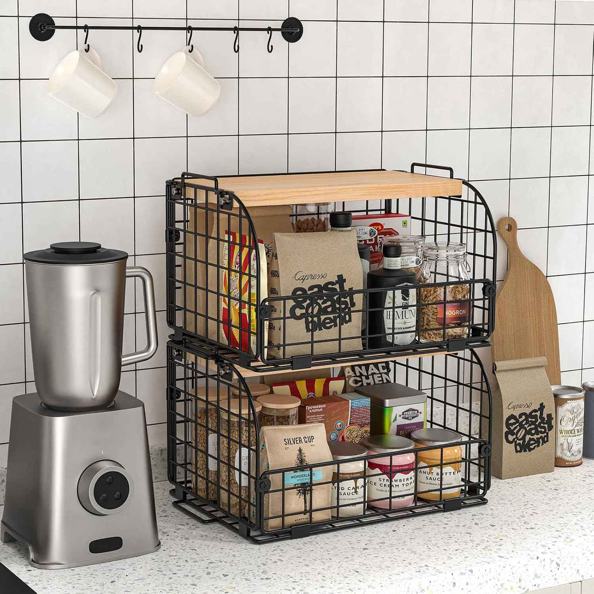 2 Set Stackable Wire Basket with Openable Top, Kitchen Counter, Pantry Organizer and Storage Produce Onion Potato Fruits Vegs Bread Food Snack Spice Organizing Bin for Cabinet Shelf Countertop Floor