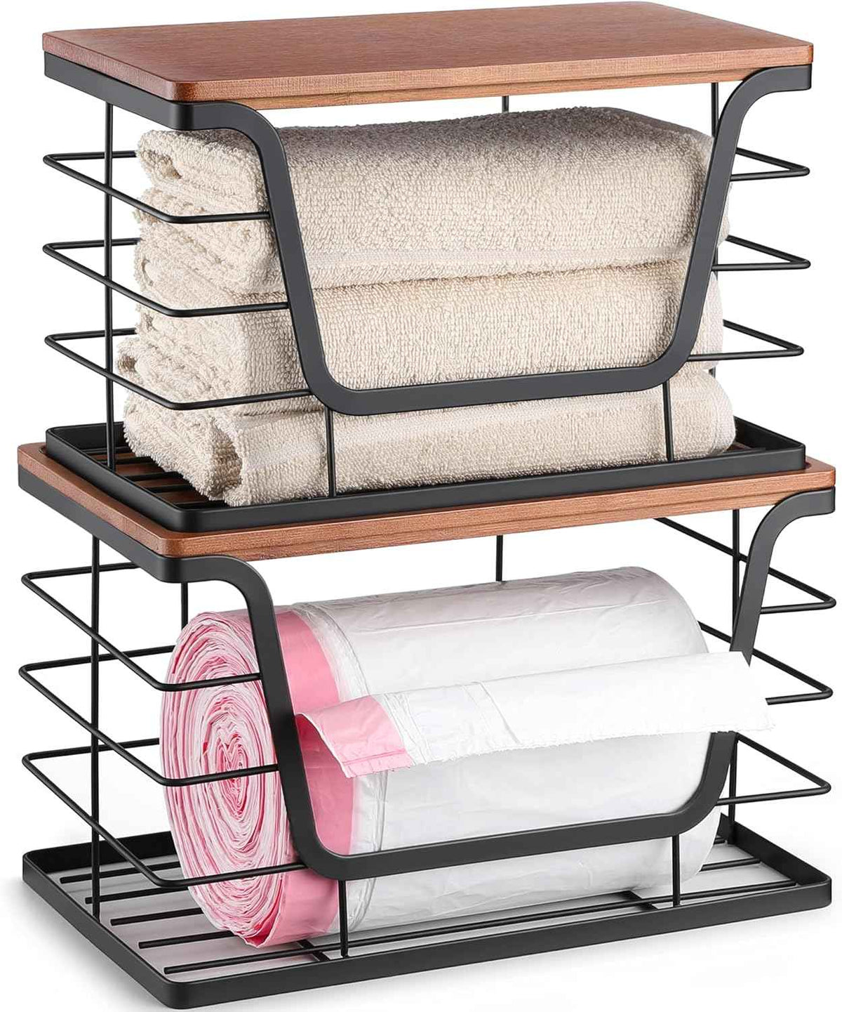 ALOCEO 2 Pack Storage Stackable Kitchen Laundry Organizers with Bamboo Top, Large Trash Bag Holder and Small Garbage Bag Dispenser for Countertop Organization