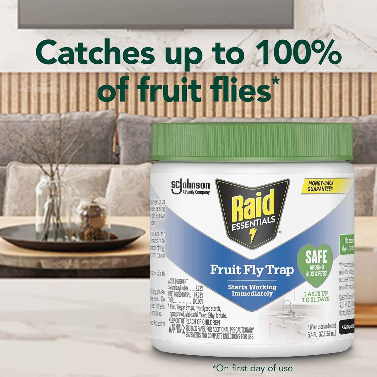 Raid Essentials Fruit Fly Trap for Indoors, Made with Essential Oils, Child and Pet Safe, 5.4 oz