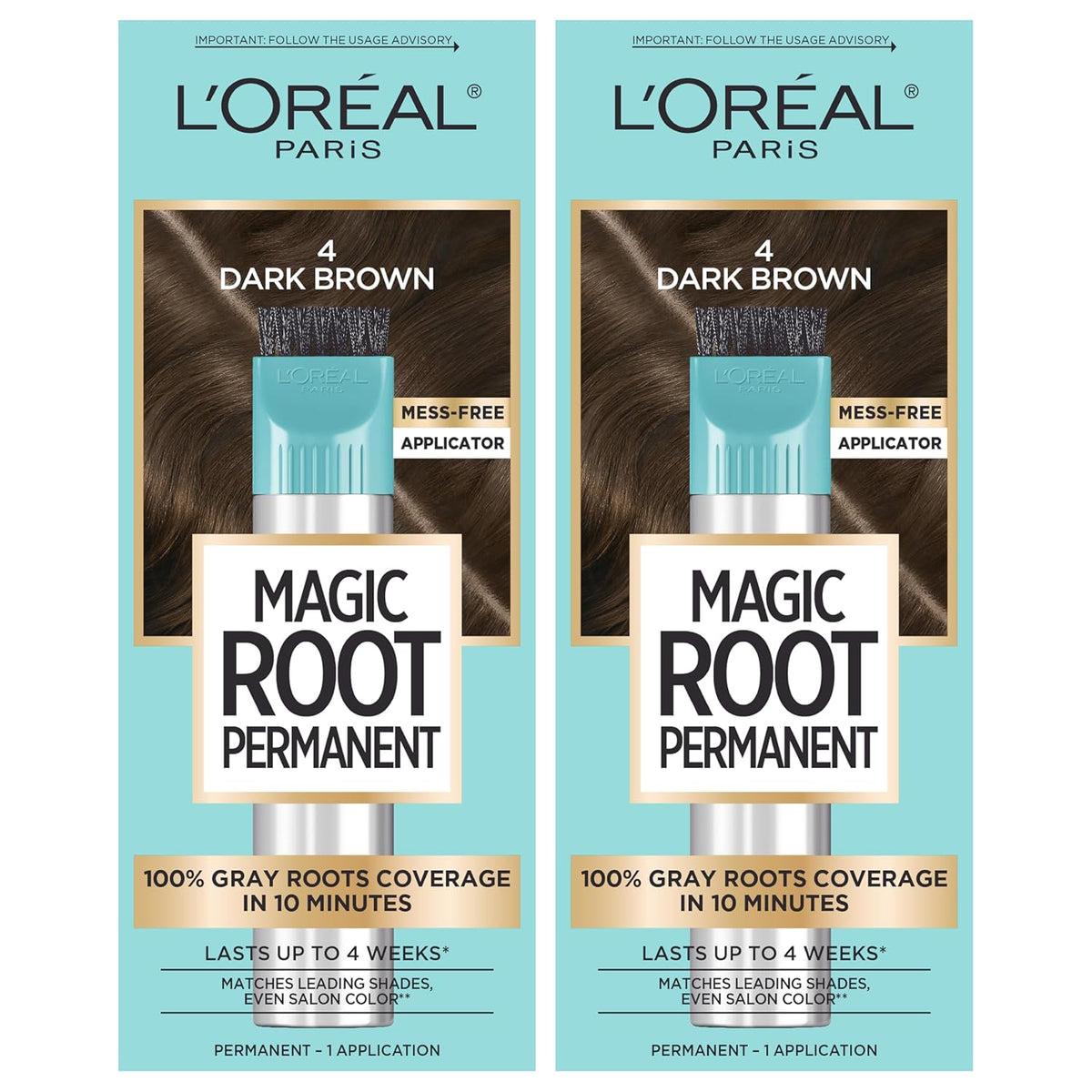 L’Oréal Paris Magic Root Permanent Hair Color, 10 Minute Root Coloring Kit with 100% Gray Hair Coverage, 4 Dark Brown, 2 Count