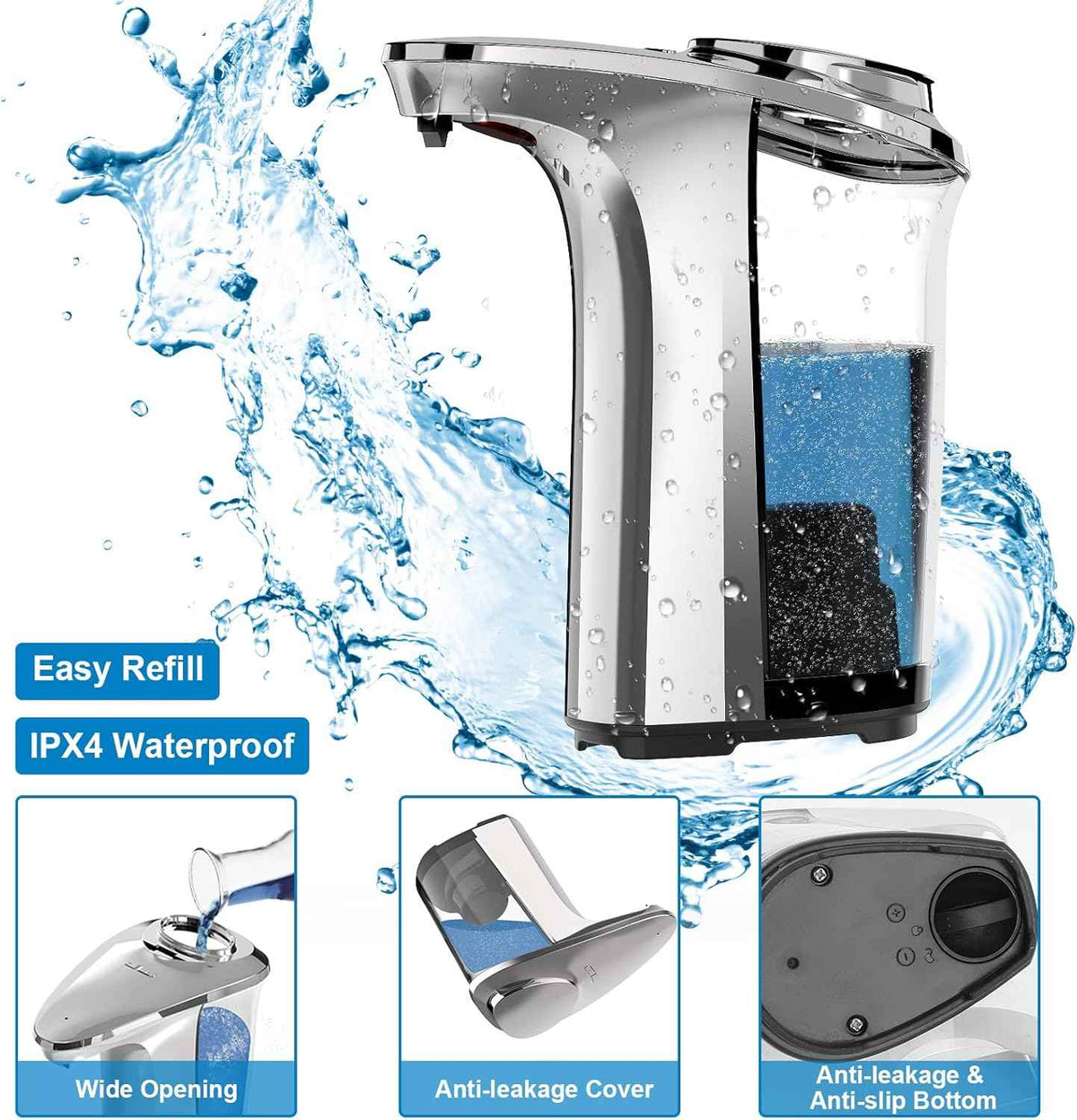 Automatic Soap Dispenser, Touchless Dish Soap Dispenser 17oz/500ml with Infrared Sensor, 5 Adjustable Soap Levels, Liquid Dispenser for Bathroom Kitchen (Silver)