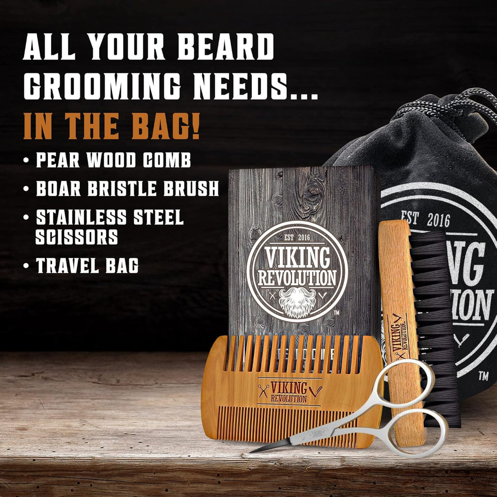 viking revolution natural boar bristle beard brush and pear wood comb set with velvet travel pouch