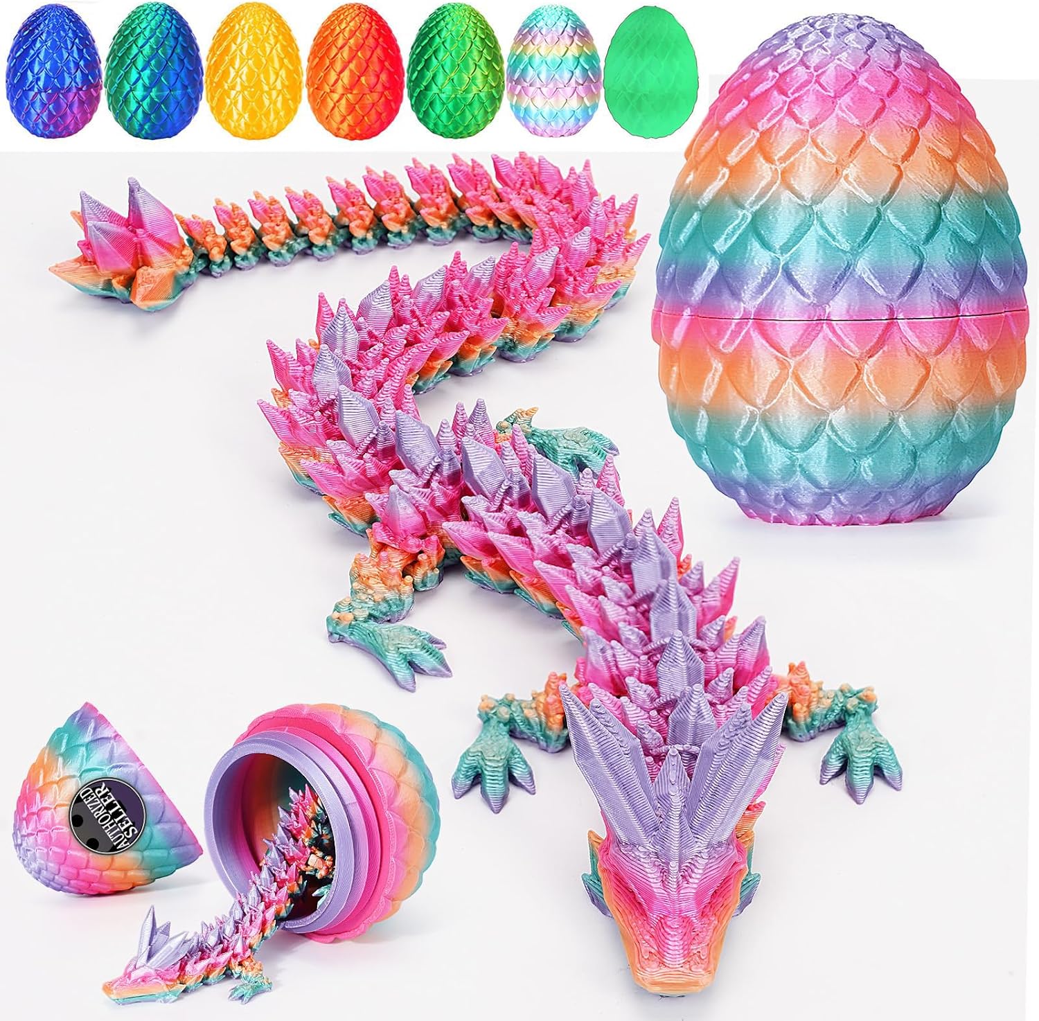 12 inch 3d printed dragon easter egg with fall protection and reinforced joints, eco-friendly fidget toy in rainbow color
